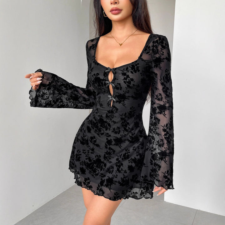 Women Nano Short Mesh Dress with Floral Velvet Flock Look, Neckline Openings and Decorative Ribbons Mune Fashion