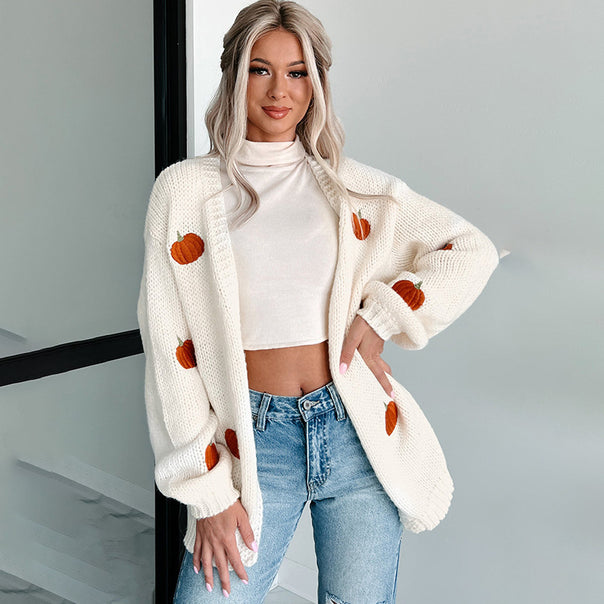 Women Cozy Oversized Knit Cardigan with Pumpkin Embroidery Mune Fashion