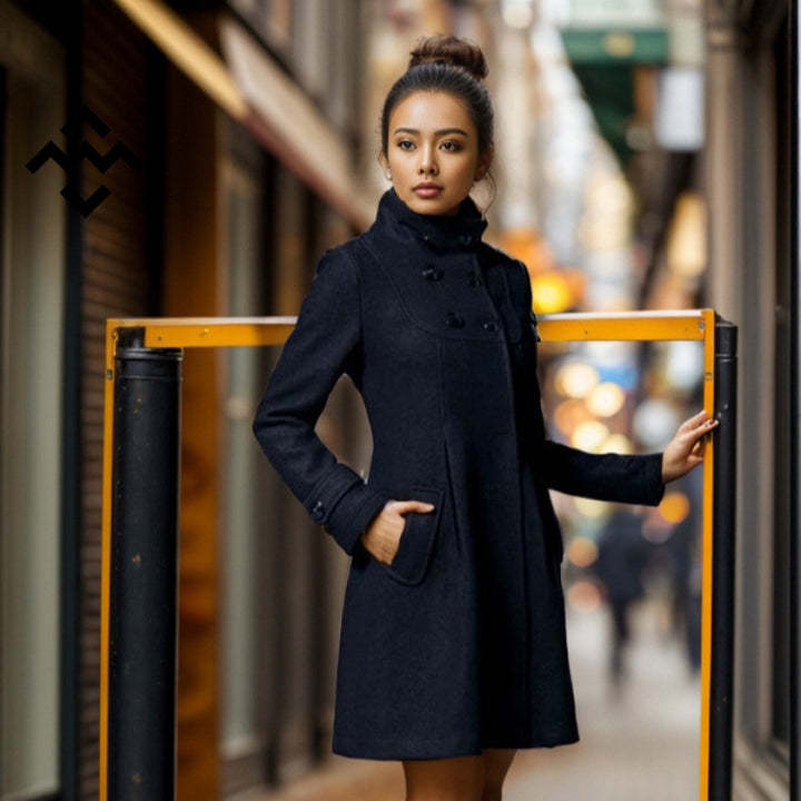 Women's tailored wool coat with standing collar and double-breasted button placket Mune Fashion