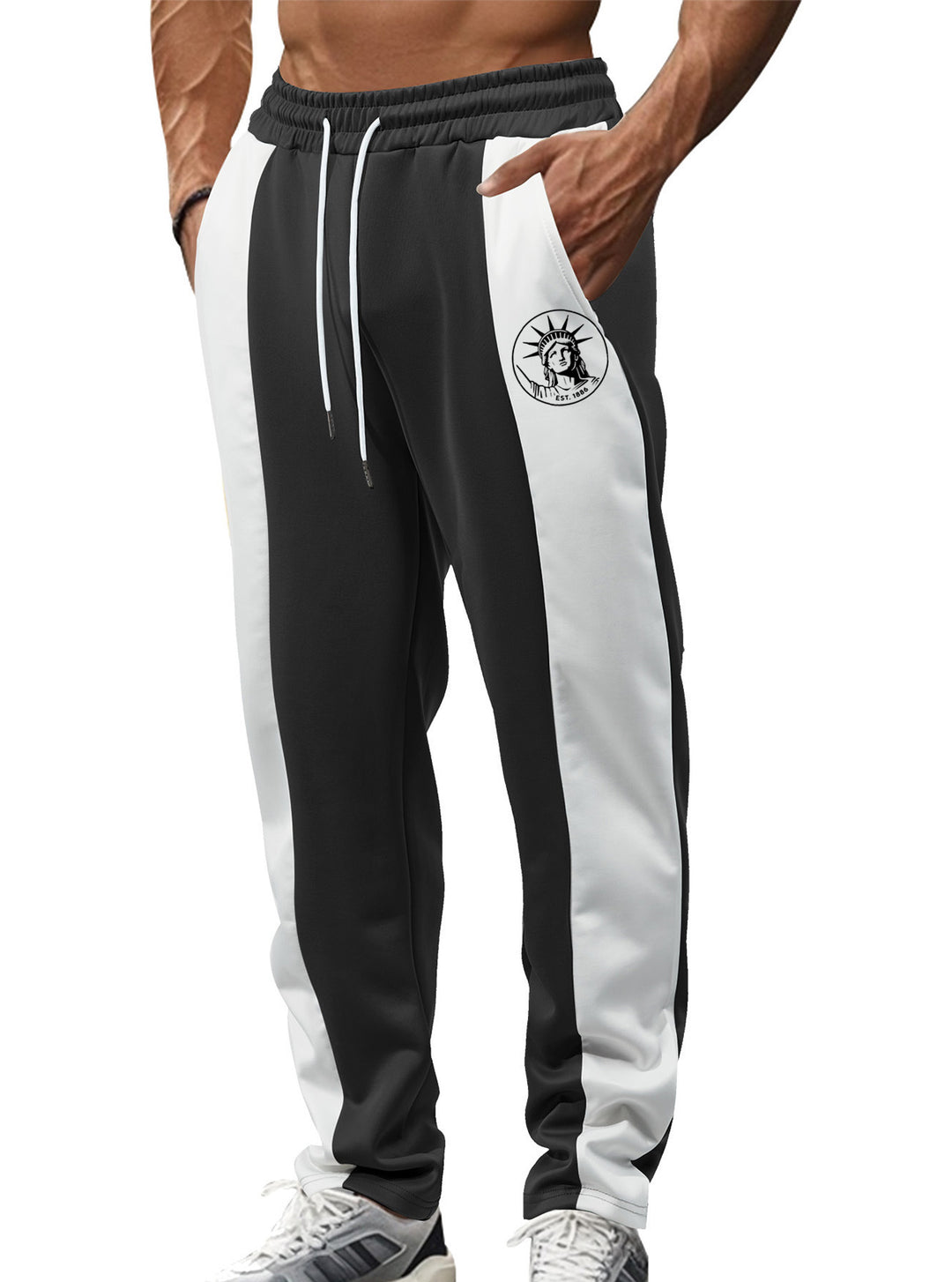 Men's sporty track pants with side contrast stripes, elastic waistband, drawstring, and deer embroidery Mune Fashion