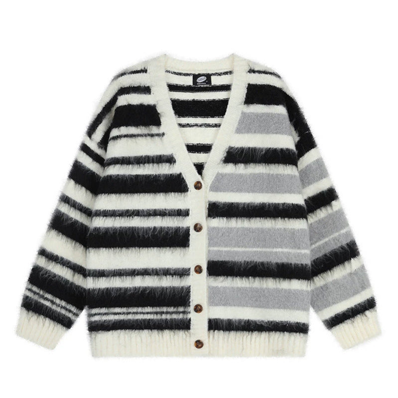 Women's oversized cardigan with V-neck, cozy mohair look and striped pattern Mune Fashion