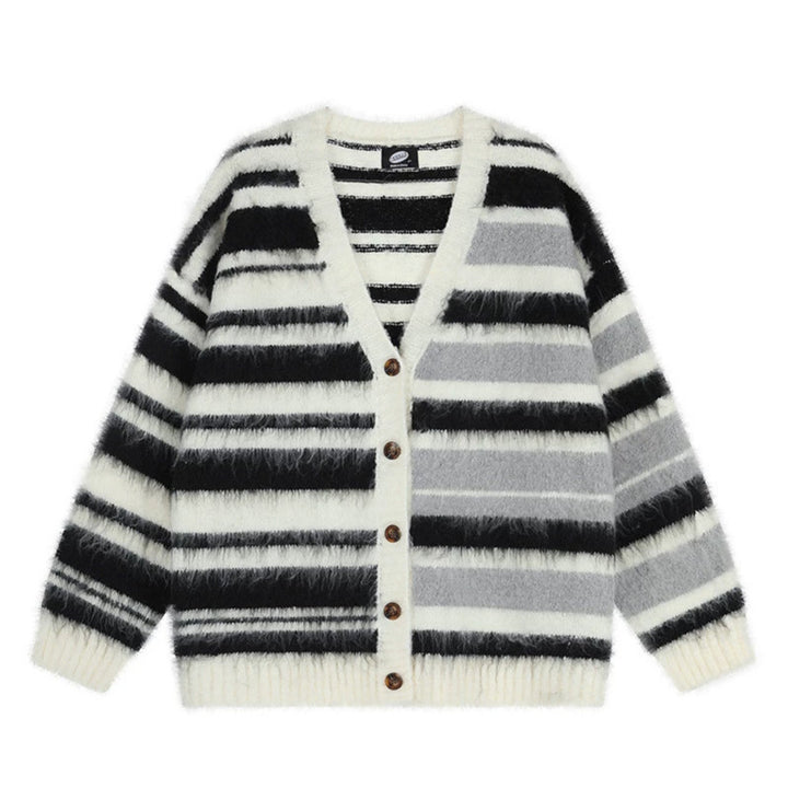 Women's oversized cardigan with V-neck, cozy mohair look and striped pattern Mune Fashion