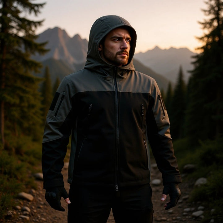 Men's Softshell Outdoor Jacket with Tactical Arm Pocket, Adjustable Hood and Water-Resistant Membrane Mune Fashion