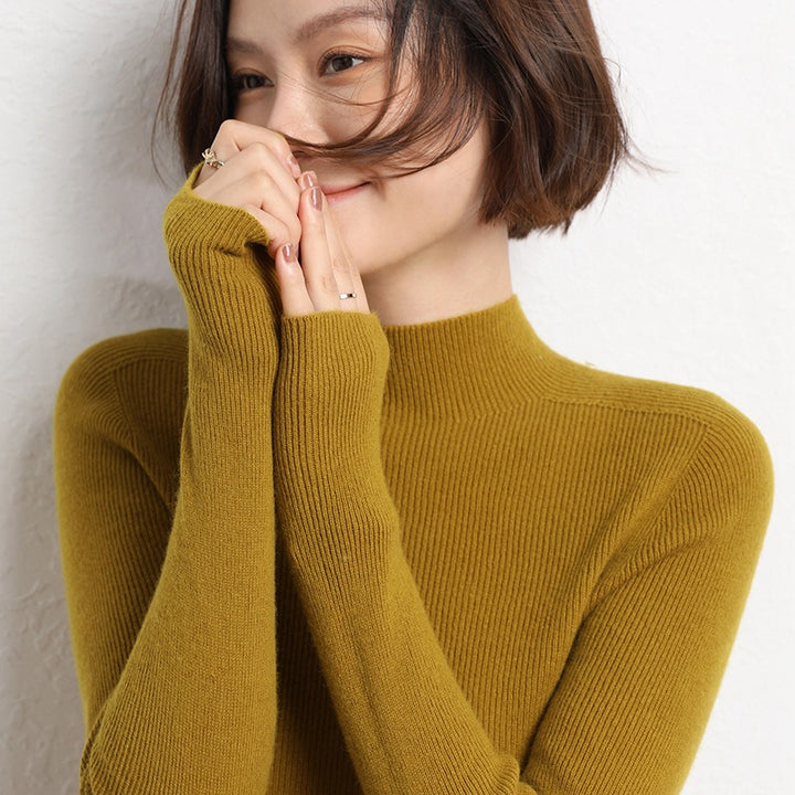 Women's Slim Fine Knit Stand Collar Pullover with Extra Fine Rib Structure and Cashmere Look Mune Fashion