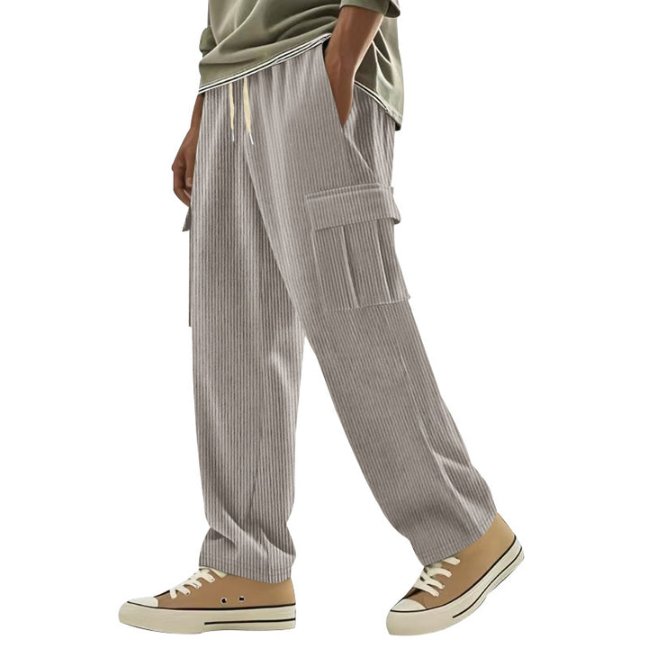 Men's corduroy cargo pants with wide leg, drawstring waistband, and patch cargo pockets