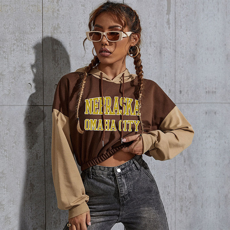 Women's Cropped Hoodie with Contrast Sleeves, Elastic Hem and Melting Smiley Print