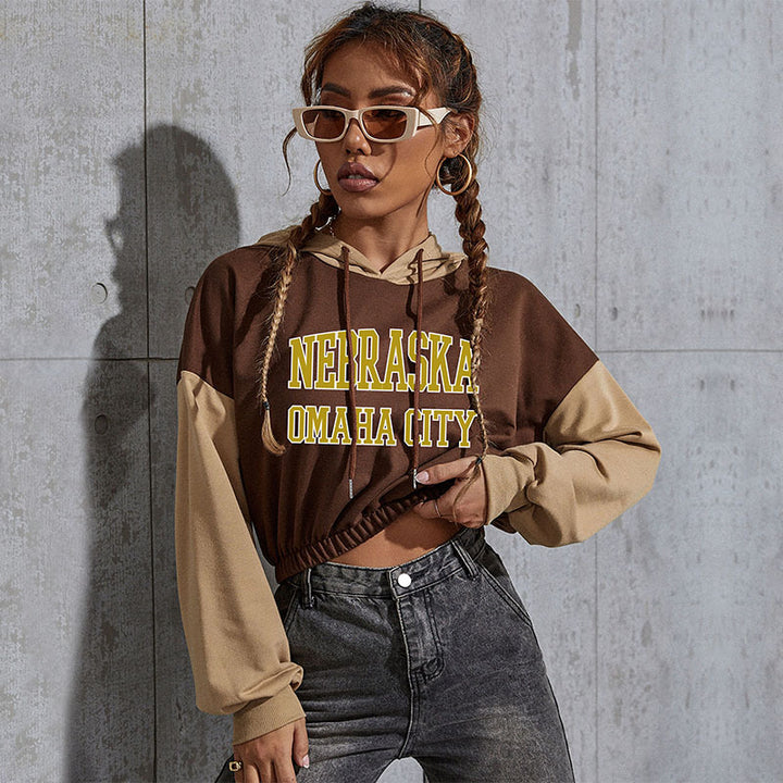 Women's Cropped Hoodie with Contrast Sleeves, Elastic Hem and Melting Smiley Print