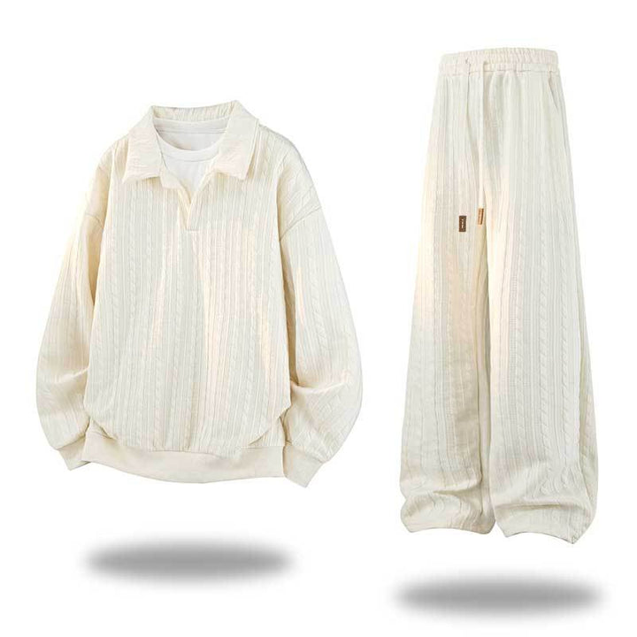 Men's Oversized Structured Lounge Set with Polo Collar, Cable Knit Look & Wide Leg Mune Fashion