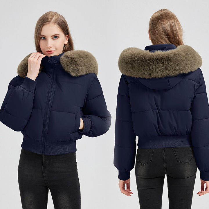 Women's Short Bomber Puffer Jacket with Hood and Removable Faux Fur Collar Mune Fashion
