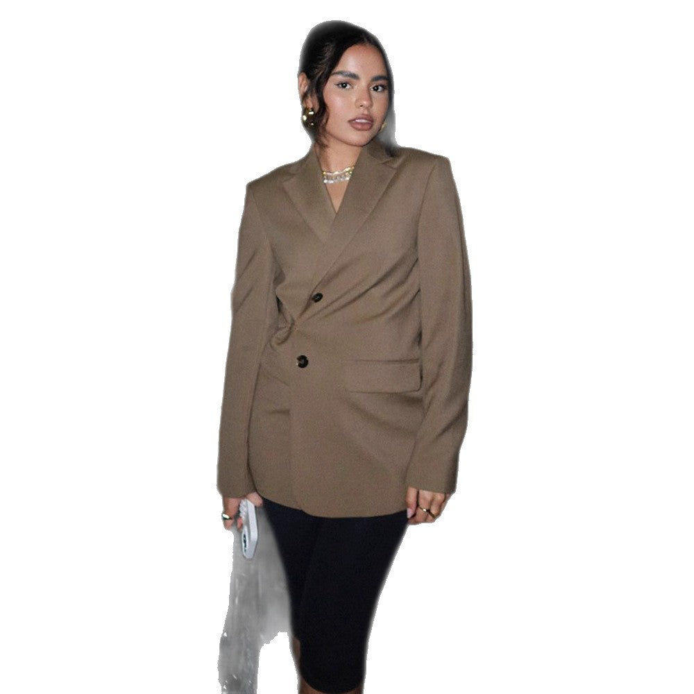 Women's Double-Breasted Blazer with Wrap Effect and Sculptural Shoulder Mune Fashion