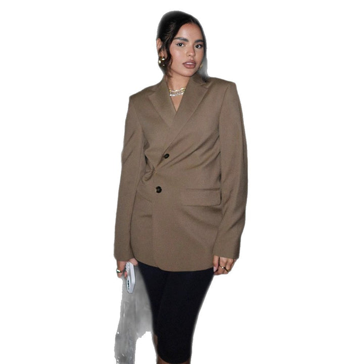 Women's Double-Breasted Blazer with Wrap Effect and Sculptural Shoulder Mune Fashion