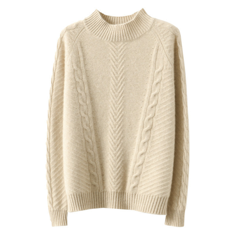 Women Lightweight Mohair-Look Stand Collar Sweater with Cable-Lace and Tailored Silhouette Mune Fashion