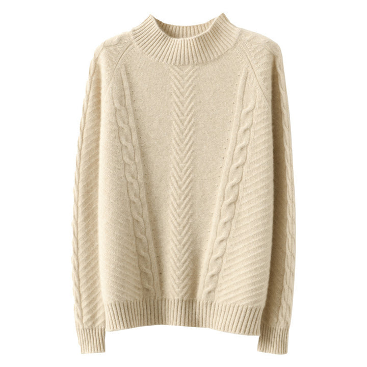 Women Lightweight Mohair-Look Stand Collar Sweater with Cable-Lace and Tailored Silhouette Mune Fashion