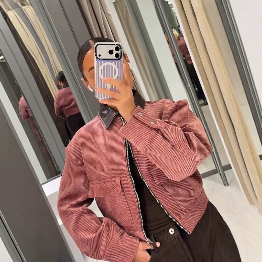 Women's Short Cord Jacket with Contrasting Leather Collar, Oversized Silhouette and Metal Zipper Mune Fashion