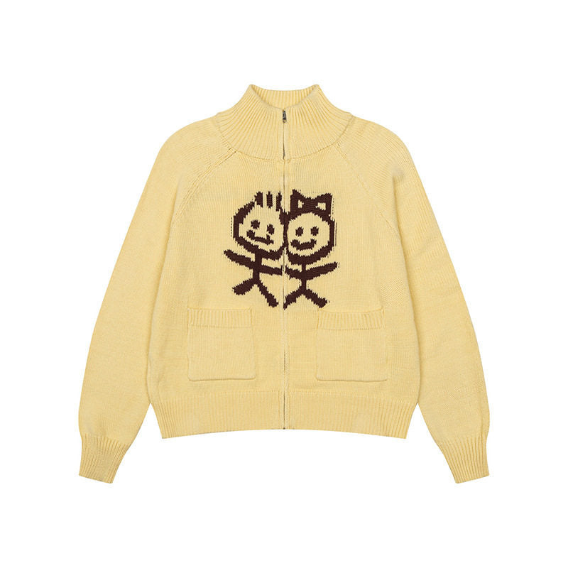 Women's chunky knit zip cardigan with stand-up collar, patch pockets and cartoon intarsia Mune Fashion