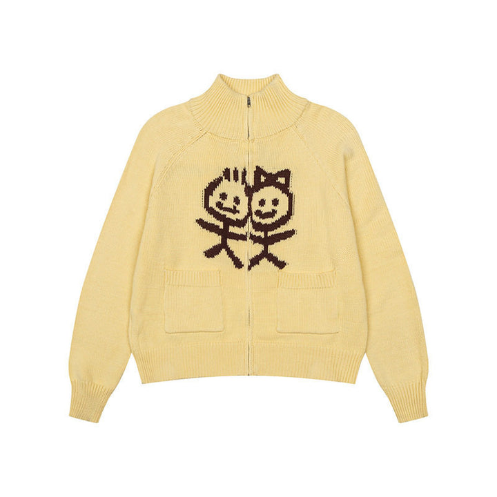 Women's chunky knit zip cardigan with stand-up collar, patch pockets and cartoon intarsia Mune Fashion