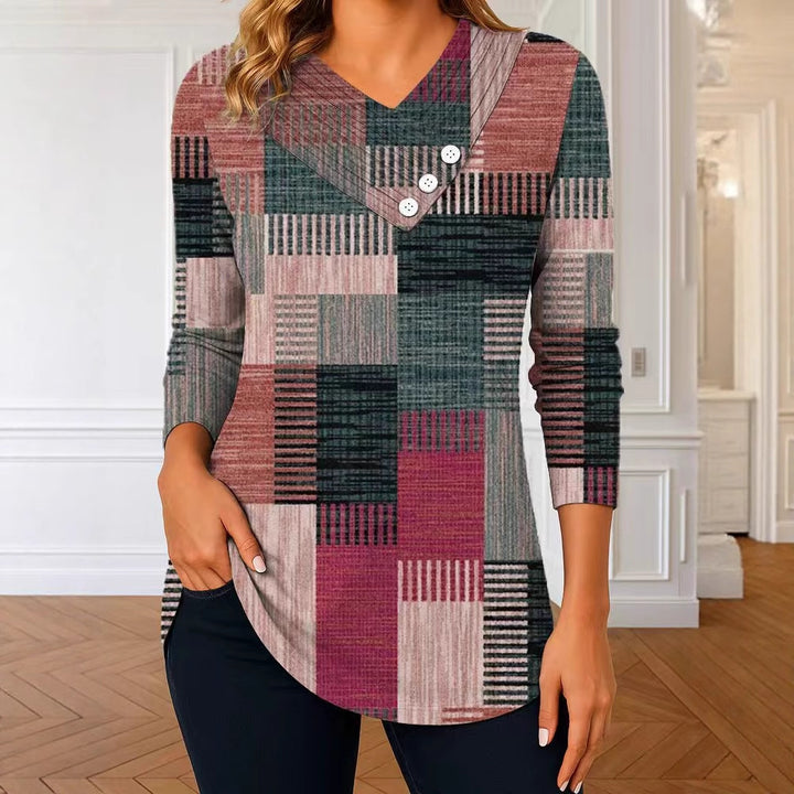 Women's long sleeve tunic with asymmetric V-neck, decorative button placket, and checkered patchwork pattern Mune Fashion