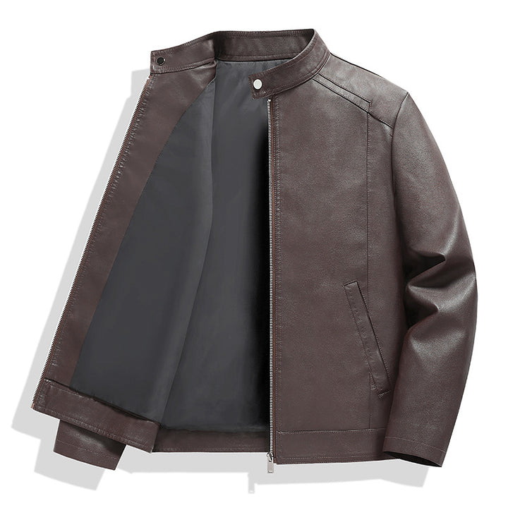 Men's Simple Faux Leather City Jacket with Stand Collar, Two-Way Zipper & Side Pockets Mune Fashion