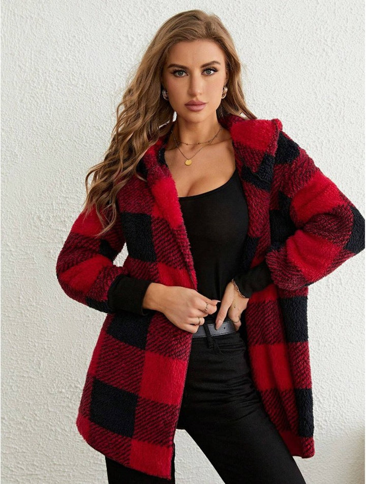 Women's checked teddy coat with large lapel collar and ribbed cuffs Mune Fashion