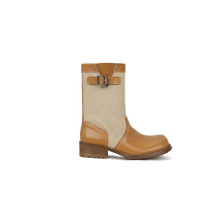 Women Leather-Linen Mid-Calf Boots with Buckle Straps Mune Fashion