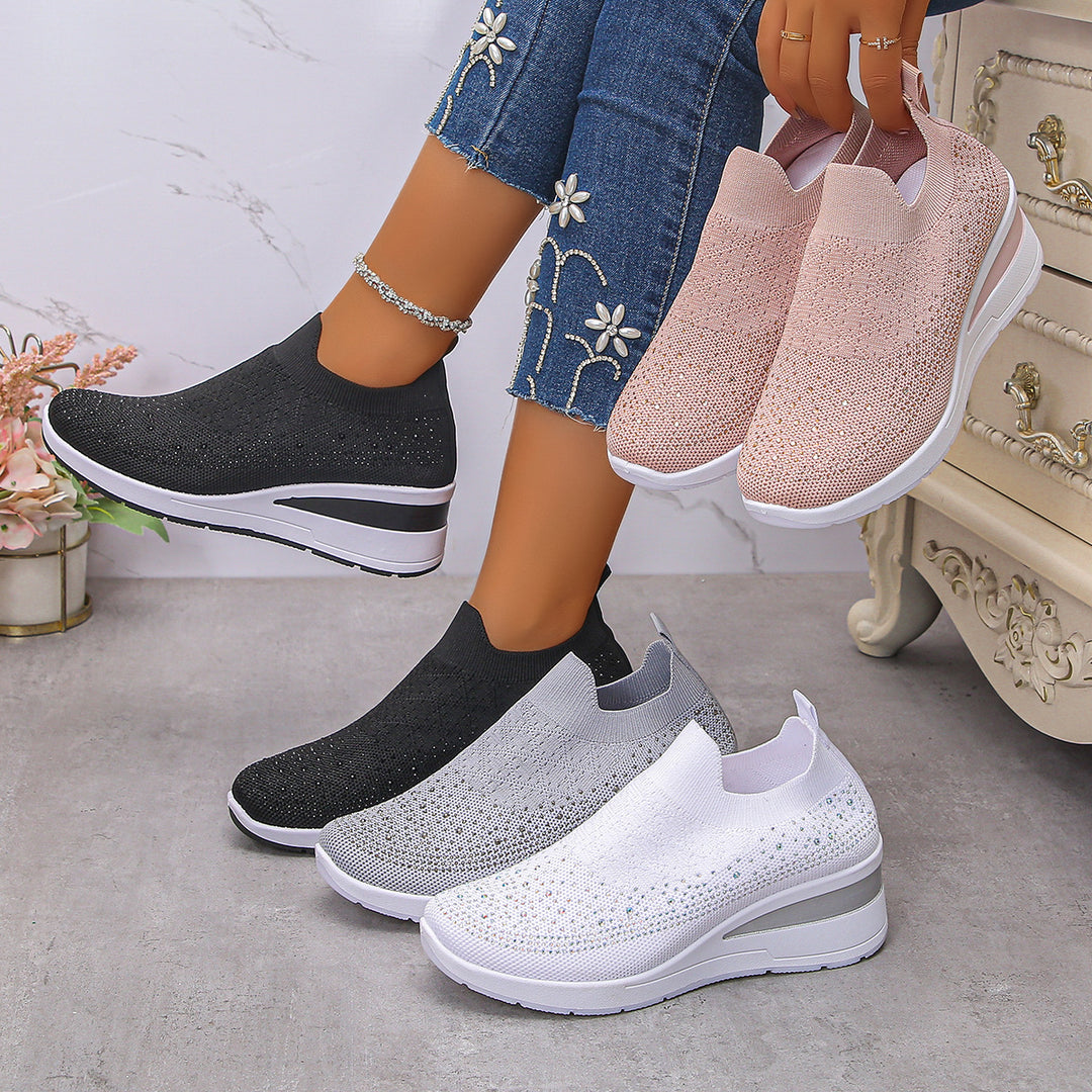 Women's Knit Slip-On Sneakers with Hidden Wedge and Glitter Application Mune Fashion