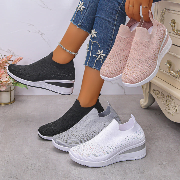 Women's Knit Slip-On Sneakers with Hidden Wedge and Glitter Application Mune Fashion
