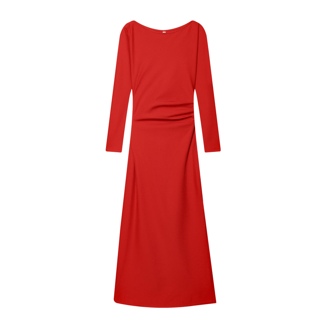 Women's fitted midi dress with bateau neckline, long sleeves, and side gathering Mune Fashion