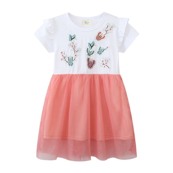 Girls Short Sleeve Dress with Floral Tulle Skirt Mune Fashion