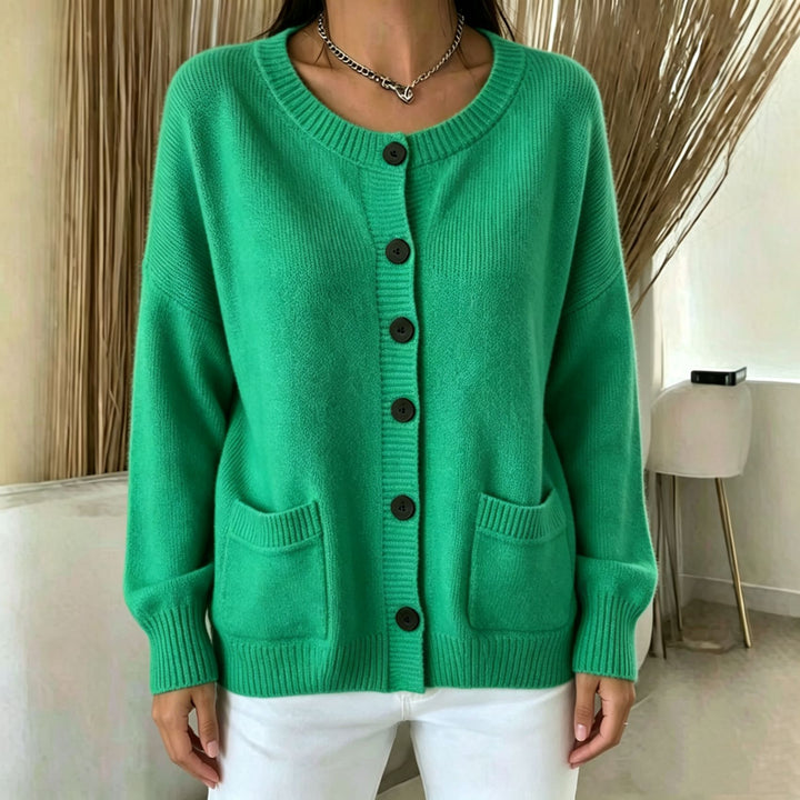 Women Button Cardigan with Round Neck, Patch Pockets and Raglan Sleeves Mune Fashion