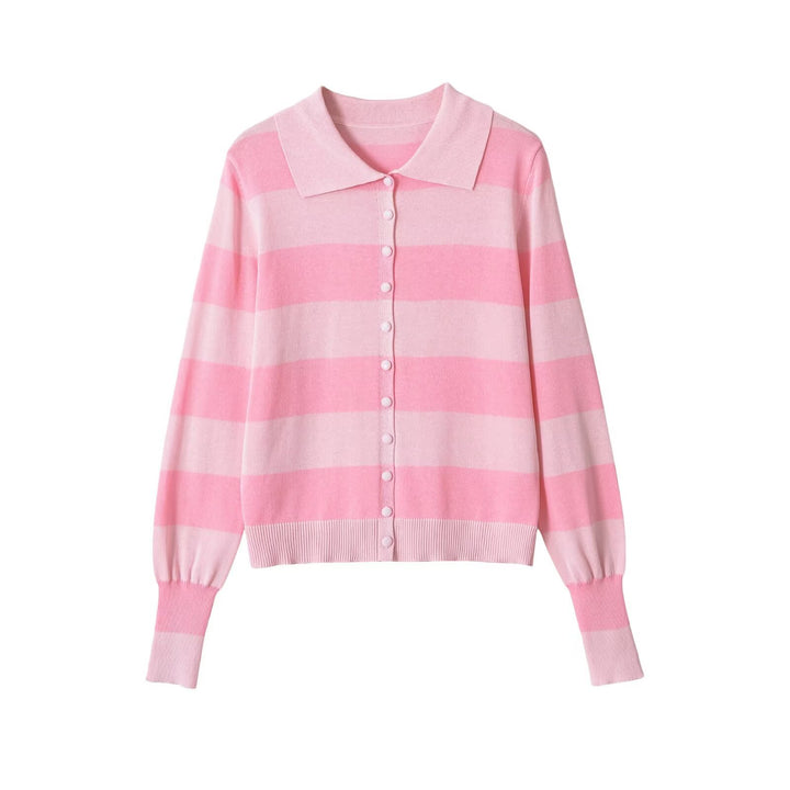 Women’s Lightweight Striped Cardigan with Polo Collar and Button Placket Mune Fashion
