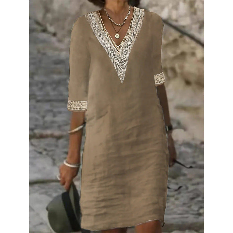 Women's Lightweight Linen Midi Dress with V-Neck and Crochet Lace Trim Mune Fashion