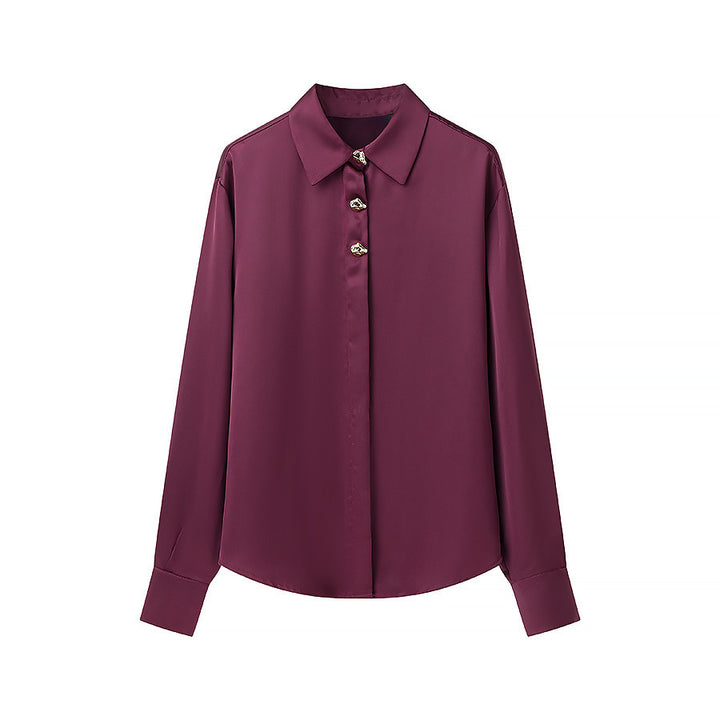 Women Silk Look Blouse with Decorative Buttons and Shirt Collar Mune Fashion