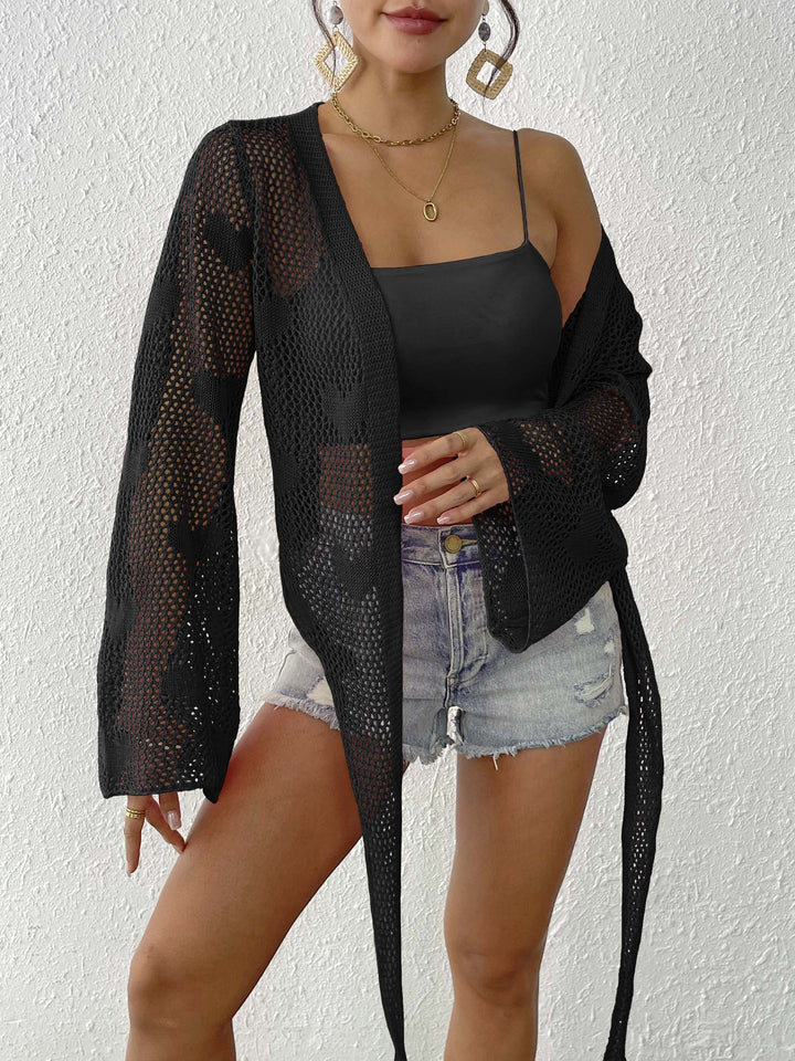Women's airy knitted kimono with open front and drawstring