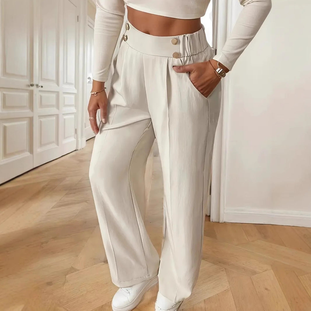 Women's High-Waisted Wide Marlene Pants with Decorative Button Waistband and Ironed Pleat Mune Fashion