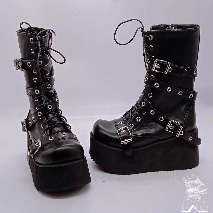Women’s high-calf Gothic platform boots with multiple metal buckles, eyelets, and side zipper Mune Fashion