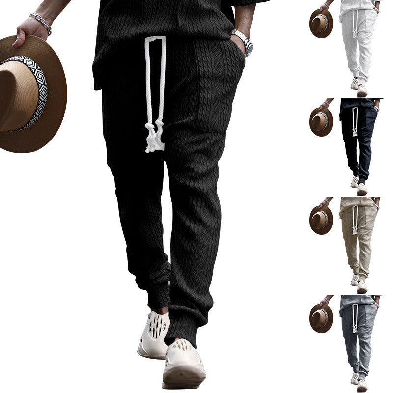 Men's Structured Knit Jogging Pants with Drawstring, Decorative Cord & Elastic Ankle Cuffs Mune Fashion