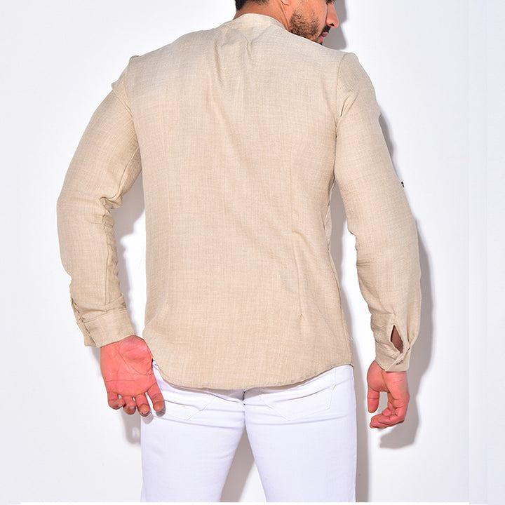 Men's Lightweight Linen Shirt with Stand-up Collar, Button Placket and Sleeve Roll-up Function Mune Fashion