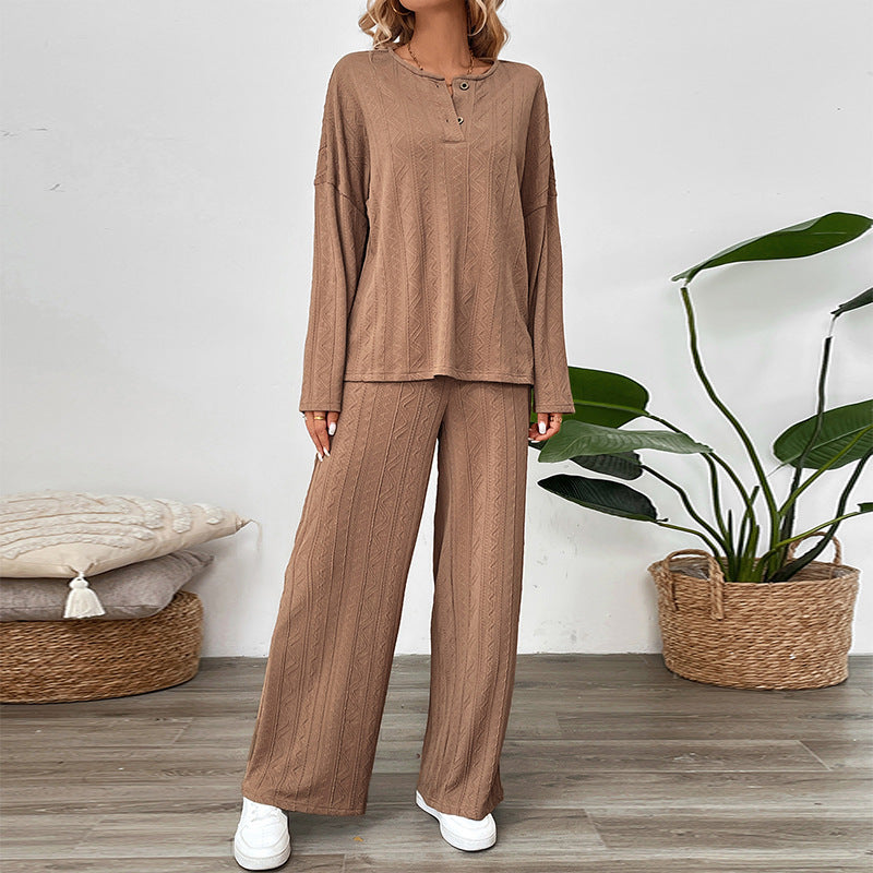 Women's Two-Piece Knit Loungewear Set with Wide-Leg Pants and Henley Top Mune Fashion