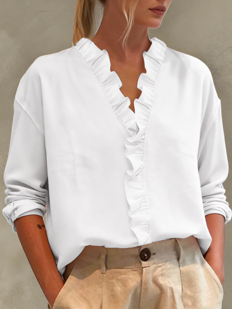 Ladies Elegant V-Neck Blouse with Ruffle Trim and Loose Oversized Cut
