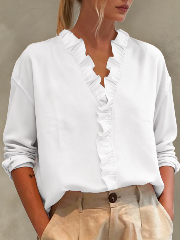 Ladies Elegant V-Neck Blouse with Ruffle Trim and Loose Oversized Cut