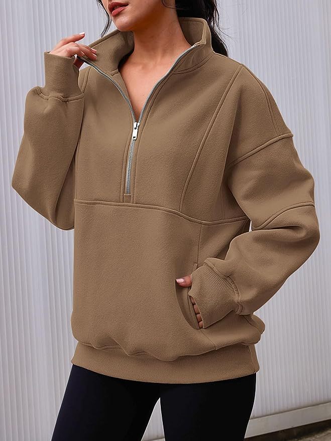 Women's Oversized Sweatshirt with Half Zipper, Kangaroo Pocket and Stand-up Collar Mune Fashion