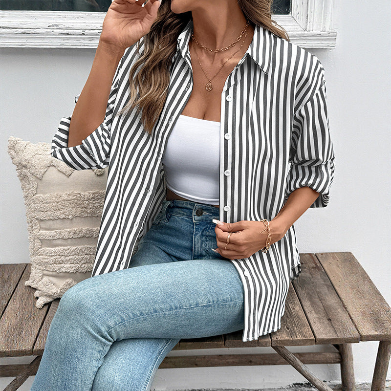 Women Casual Striped Blouse with Button Details Mune Fashion