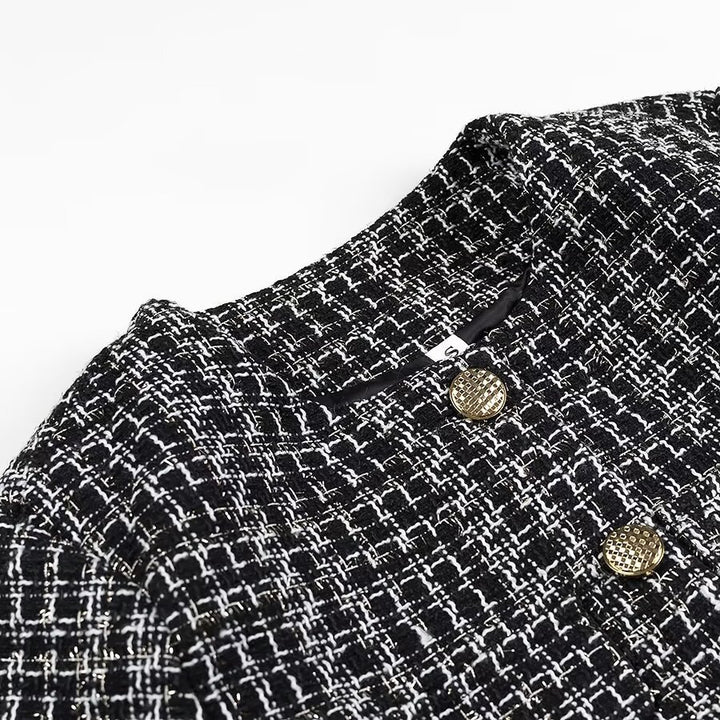 Women Short Boucle Tweed Jacket with Round Neck, Decorative Decorative Buttons and Patch Pockets Mune Fashion