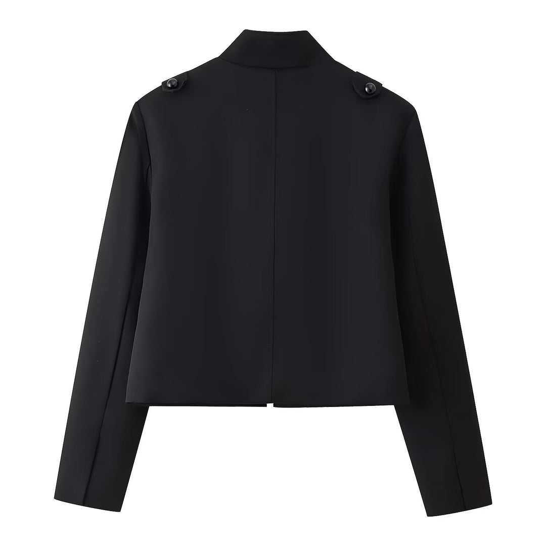 Women's short uniform-inspired jacket with stand-up collar and decorative cord applications Mune Fashion