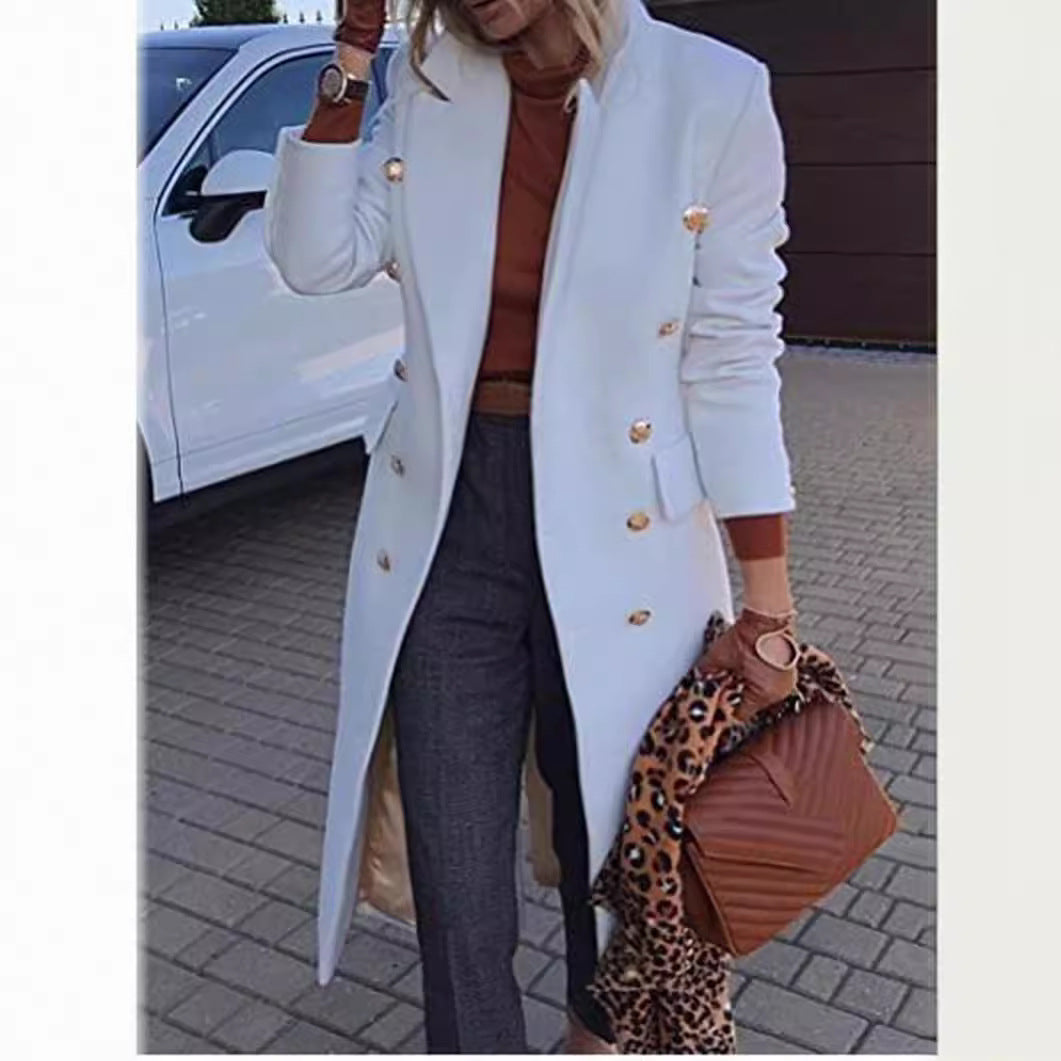 Women's fitted double-breasted wool blend coat with decorative jewel buttons and long silhouette Mune Fashion
