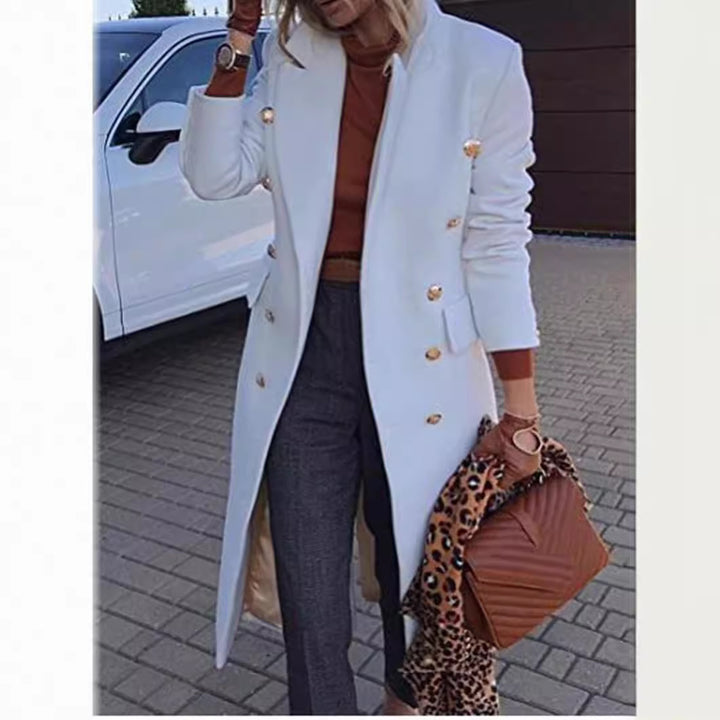 Women's fitted double-breasted wool blend coat with decorative jewel buttons and long silhouette Mune Fashion