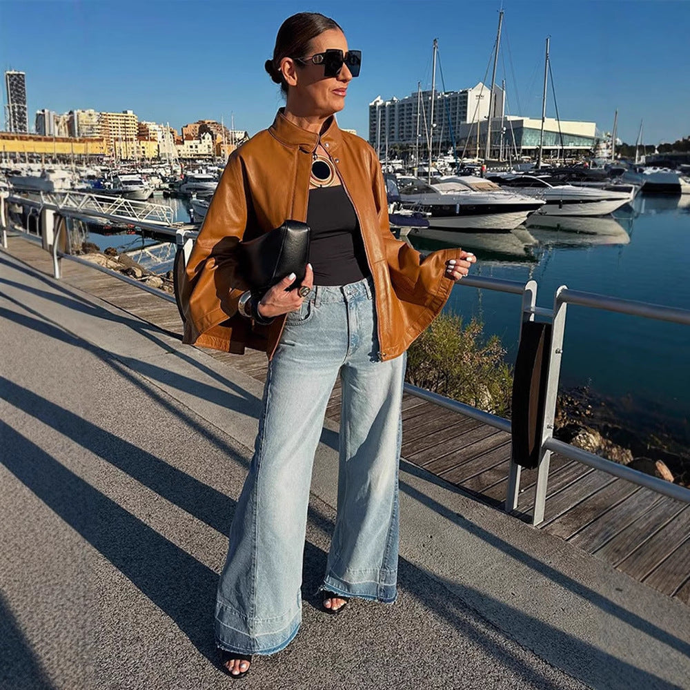 Women's Cape Sleeve Leather Jacket with Stand-up Collar Mune Fashion