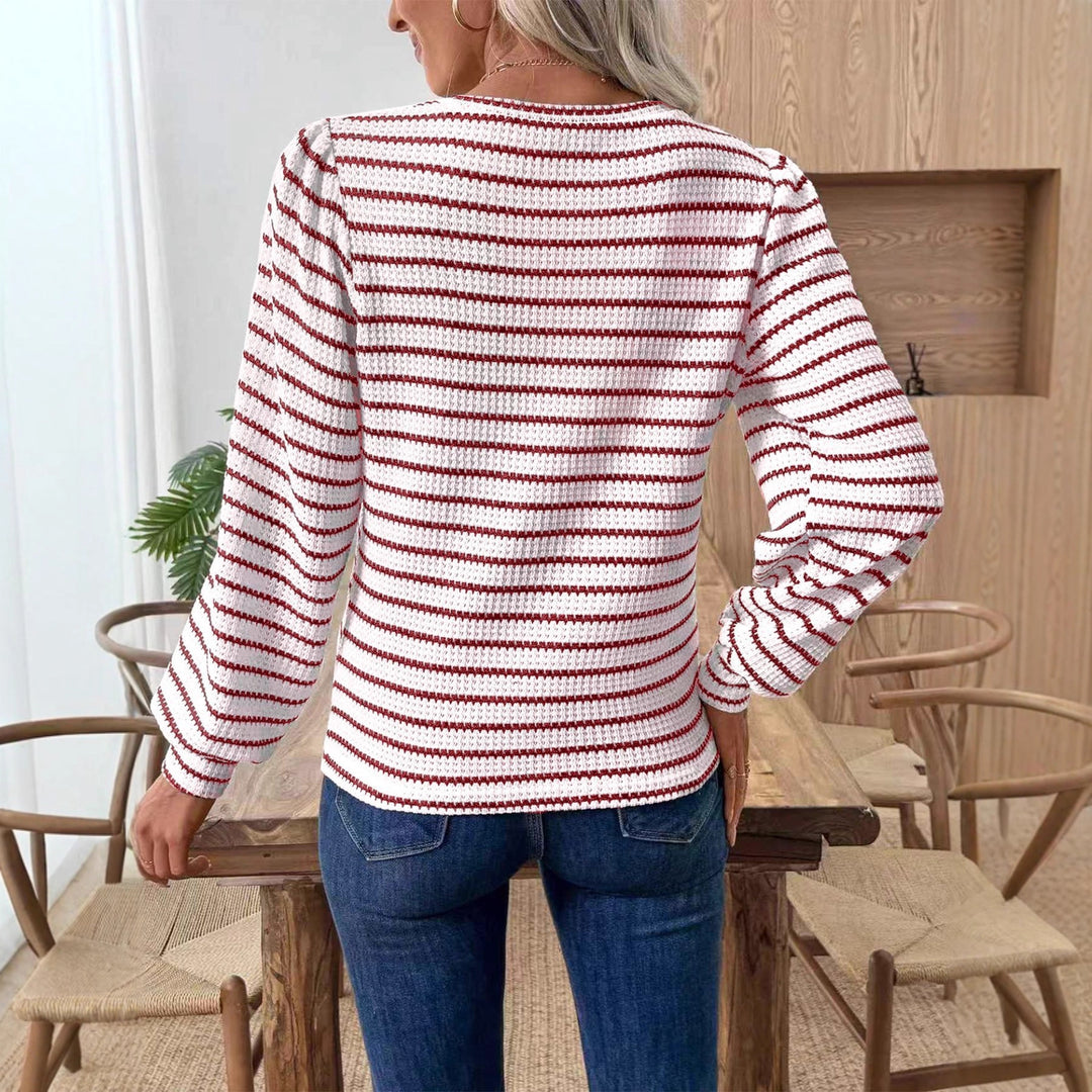 Women's Striped Fine Knit Long Sleeve with Structured Knit and Round Neckline Mune Fashion