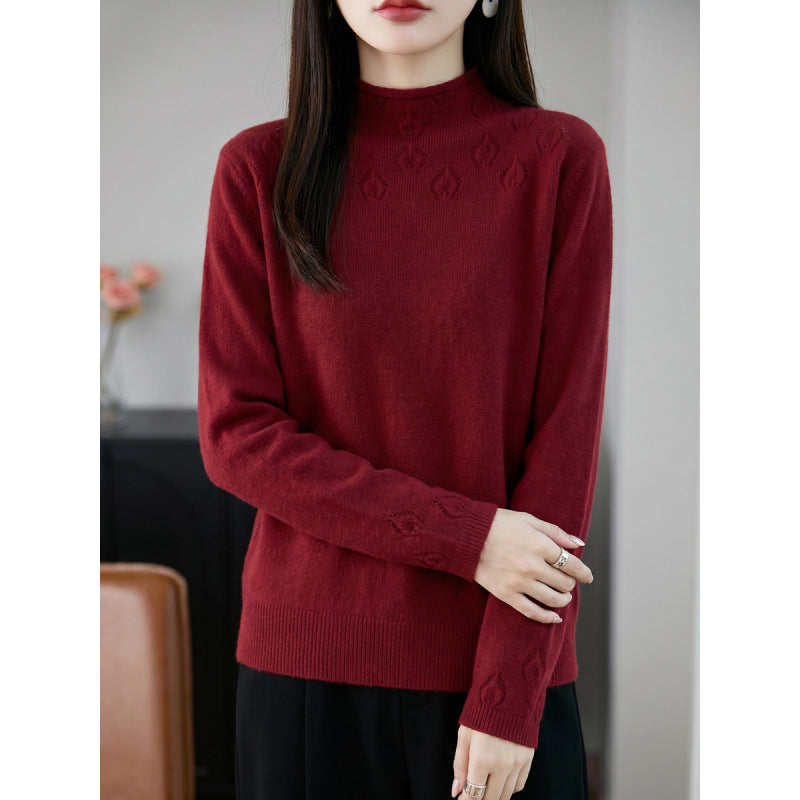 Women's Lightweight Stand Collar Sweater with Floral Lace Yoke and Fine Rib Edge Mune Fashion