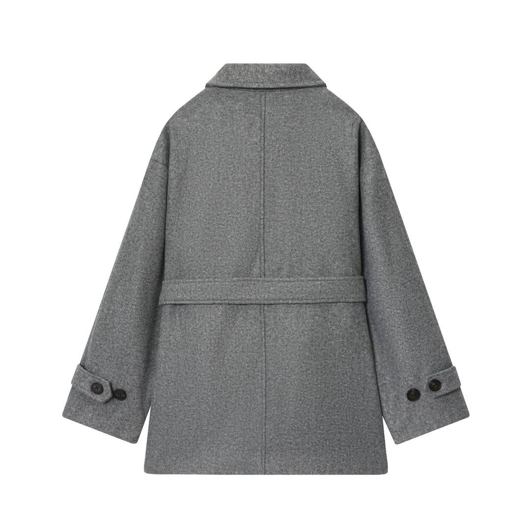 Women's short wool blend coat with tie belt, dropped shoulder and patch pockets Mune Fashion